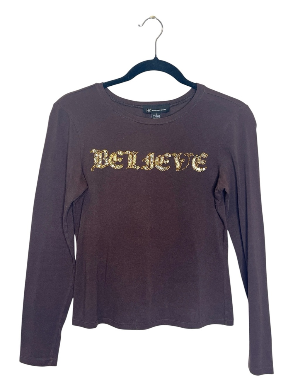 Y2K 2000s Believe Beaded and Sequin Cross Brown Long Sleeve Cropped Tee size Sma